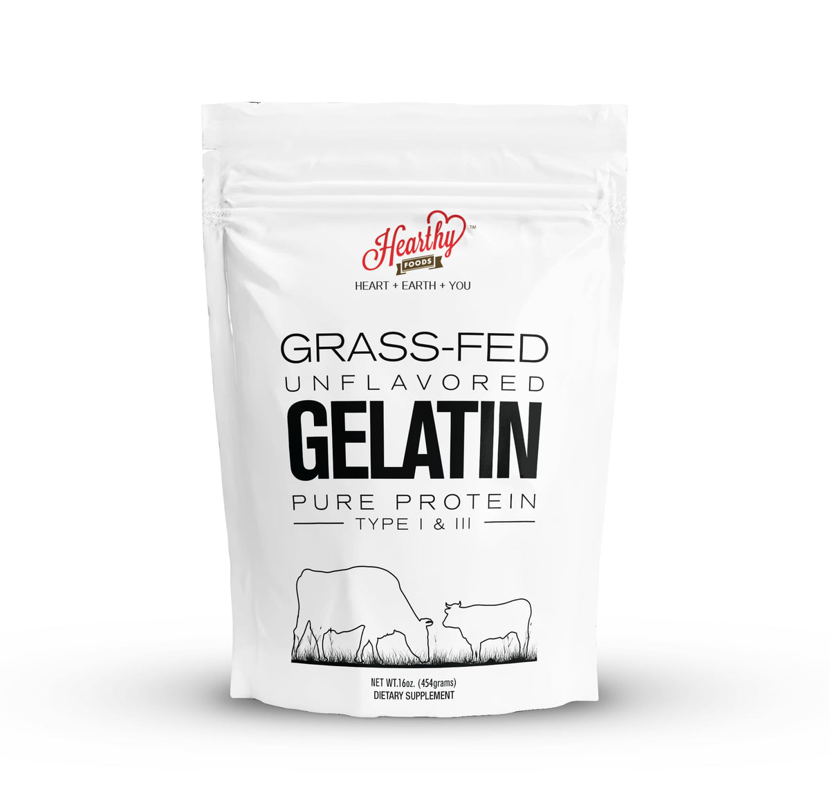 HEARTHY FOODS beef gelatin powder unflavored packaging highlights halal and non-GMO quality