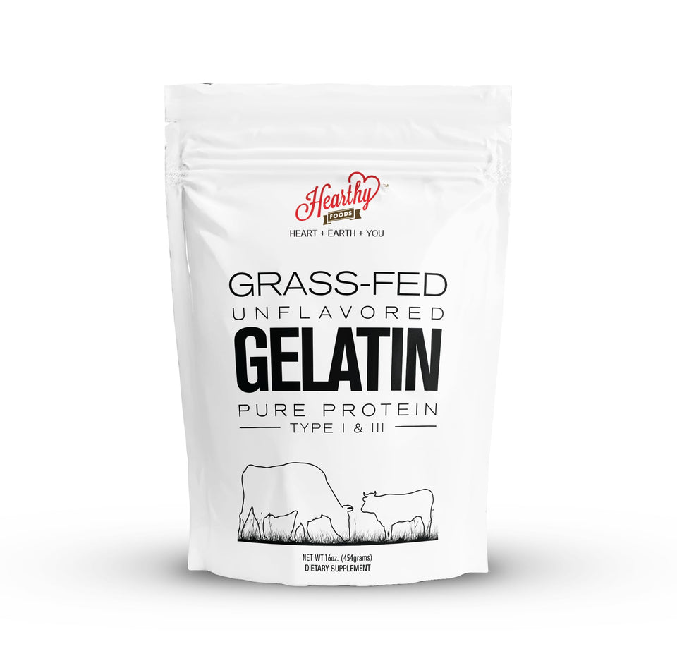 HEARTHY FOODS beef gelatin powder unflavored packaging highlights halal and non-GMO quality