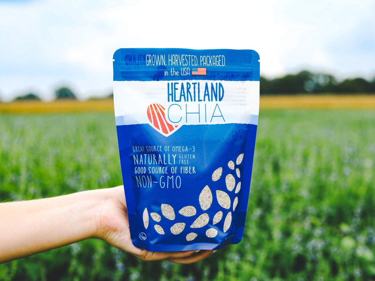 Heartland Chia seeds close-up, black variety, high fiber boost.