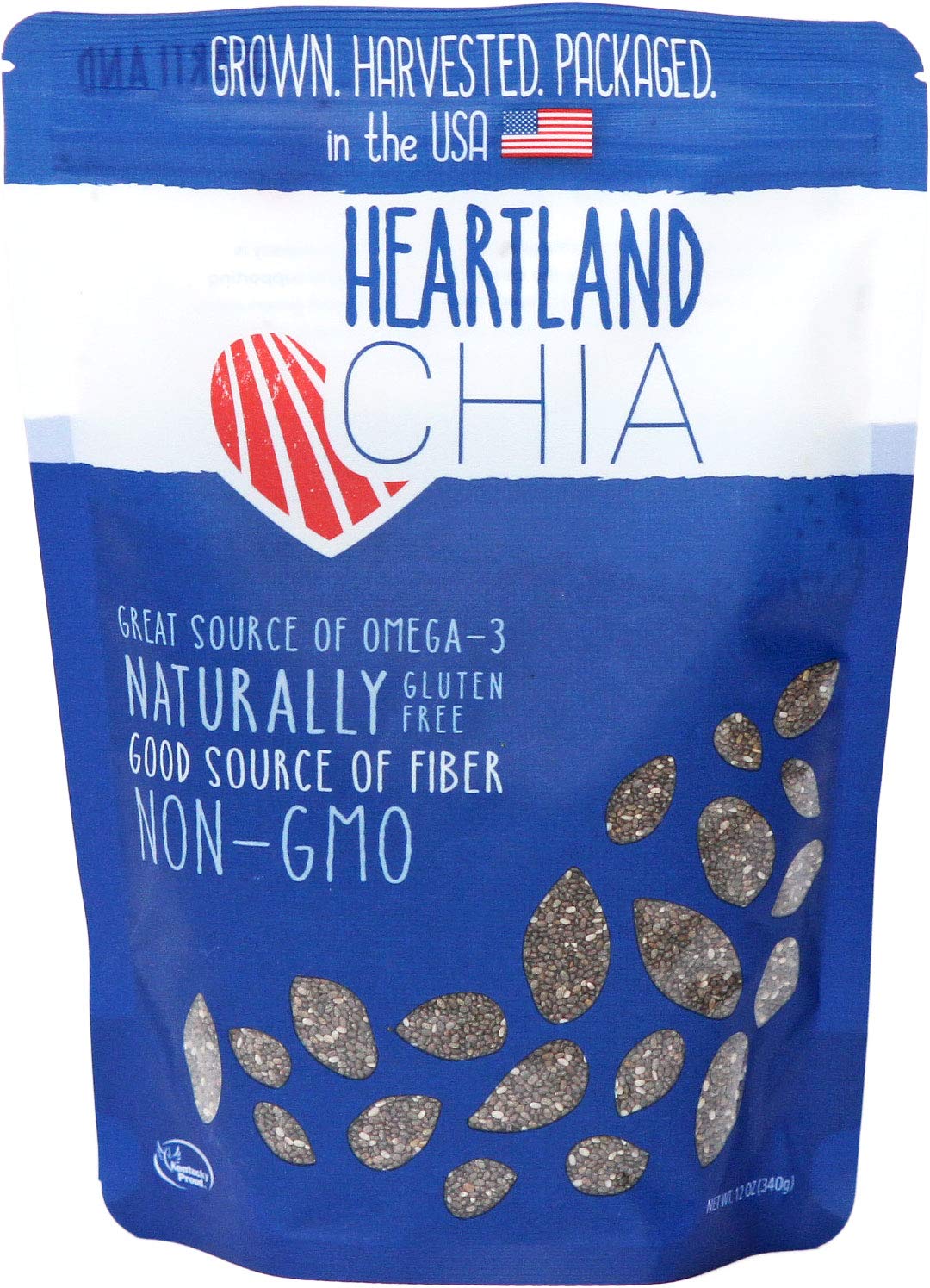 Heartland Chia USA grown 12 oz bag on kitchen counter for fresh chia use.