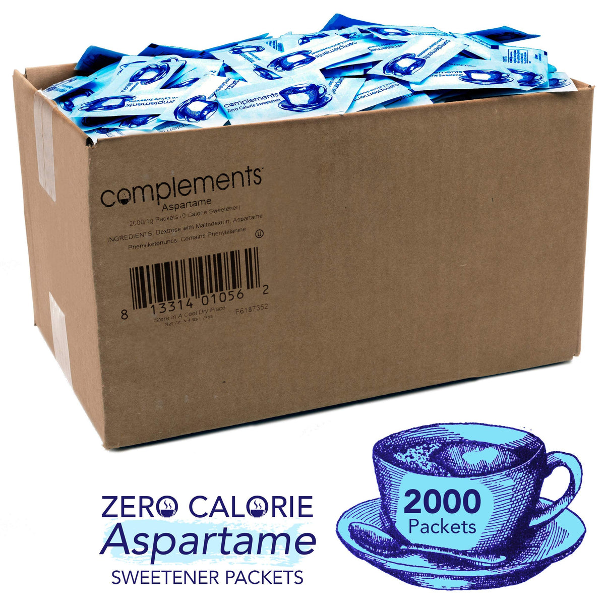 Blue Heartland Complements packets ready to sweeten beverages without calories.