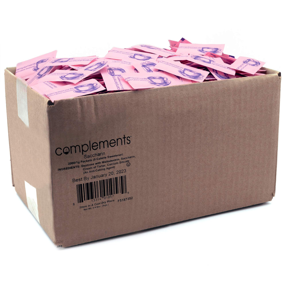 Heartland Complements pink saccharin packets for zero-calorie sweetness in beverages.
