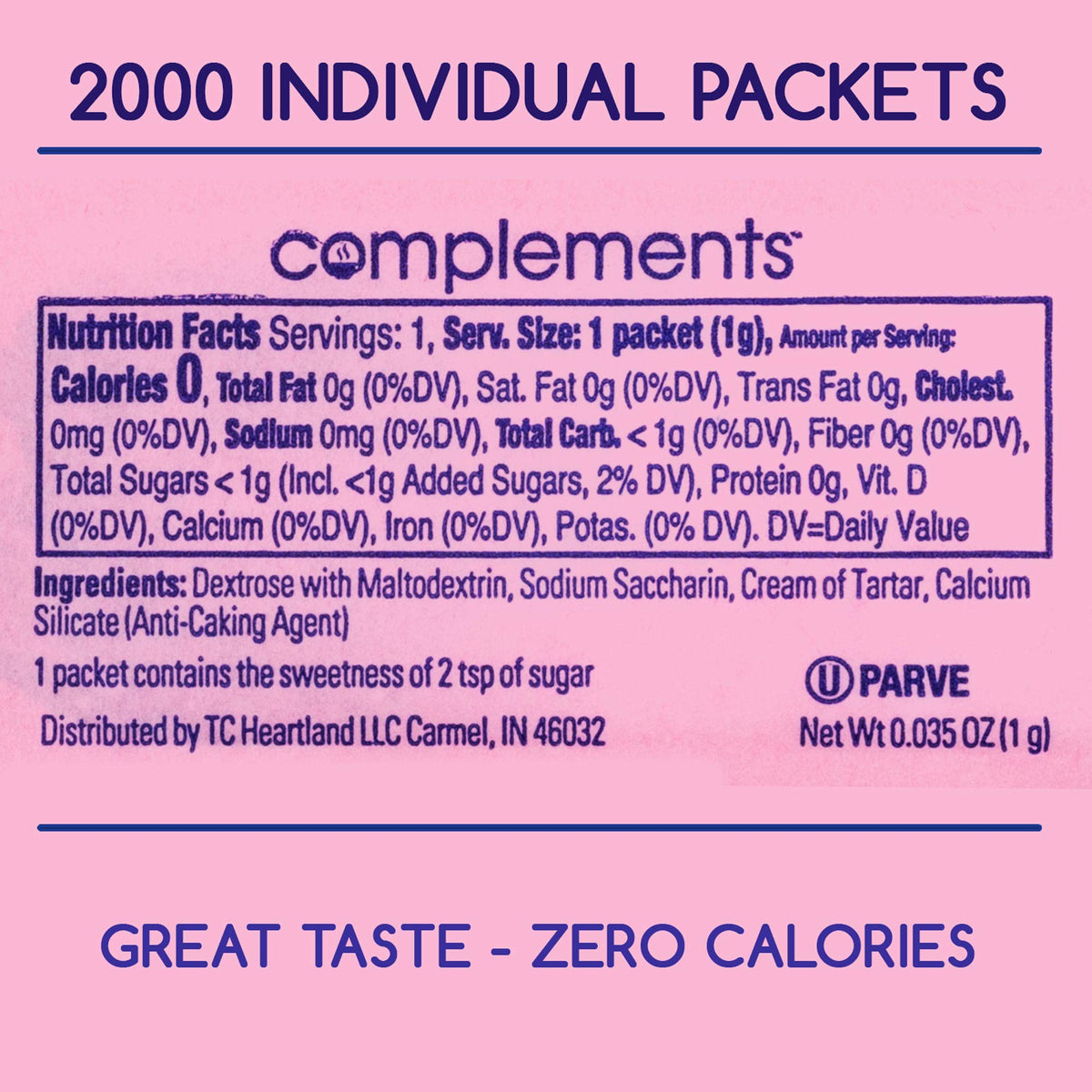 Heartland Complements pink saccharin packets ready to be dispensed in a service setting.