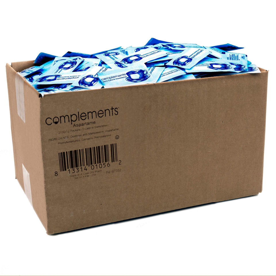 Heartland Complements zero-calorie blue packets for sugar-free tea and coffee.