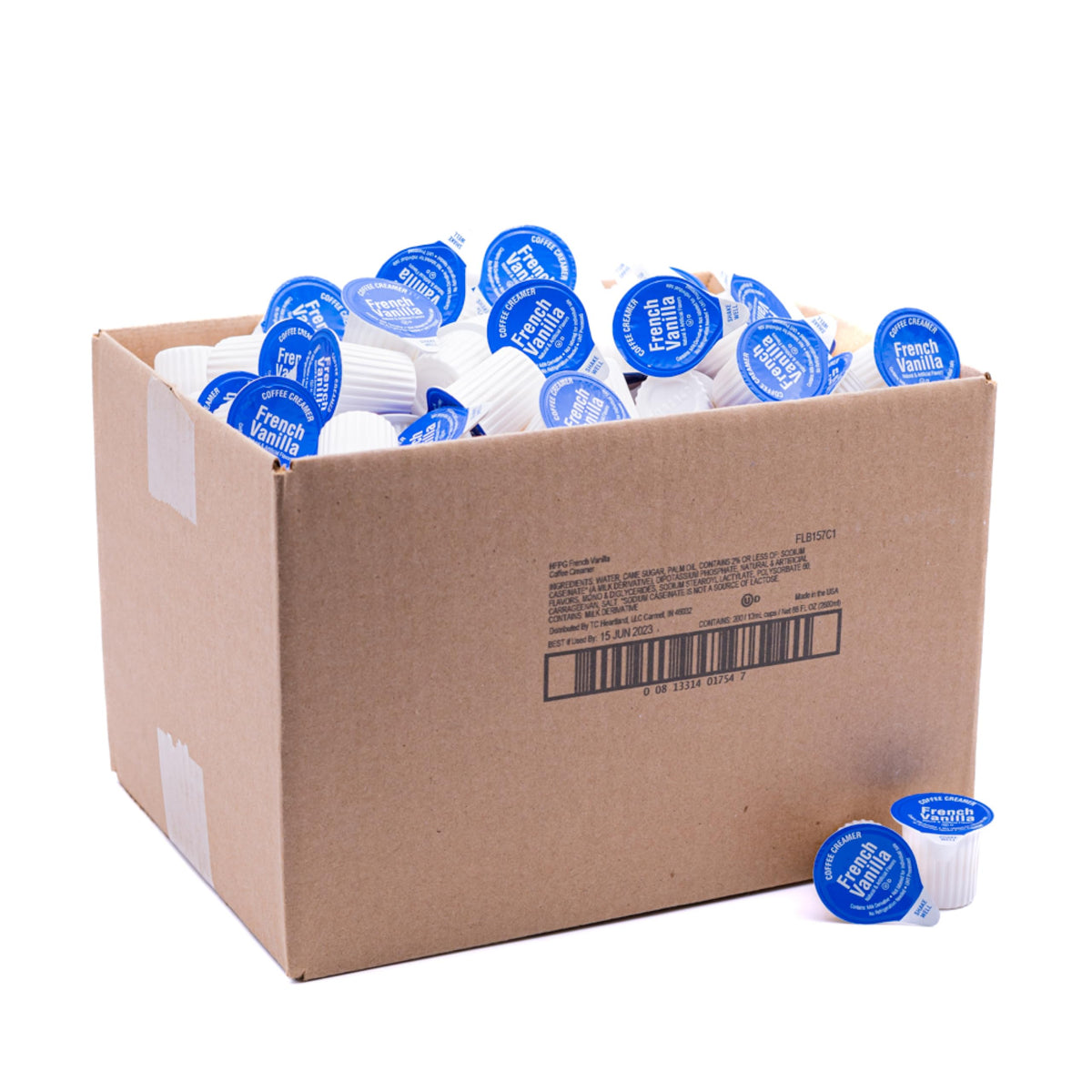Heartland French Vanilla non-dairy creamer cups for convenient on-the-go coffee.