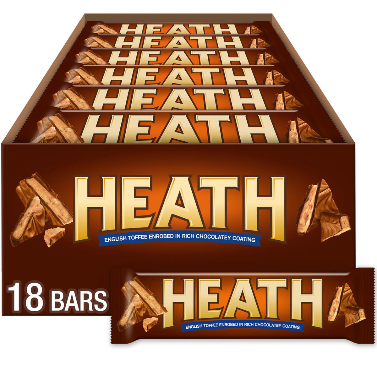 HEATH chocolatey English toffee bars in a bulk box, ready for sharing.