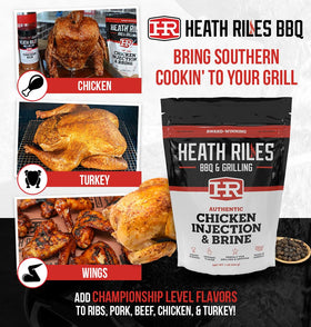 Award-winning flavor badge on Heath Riles injector kit for confident cooking.