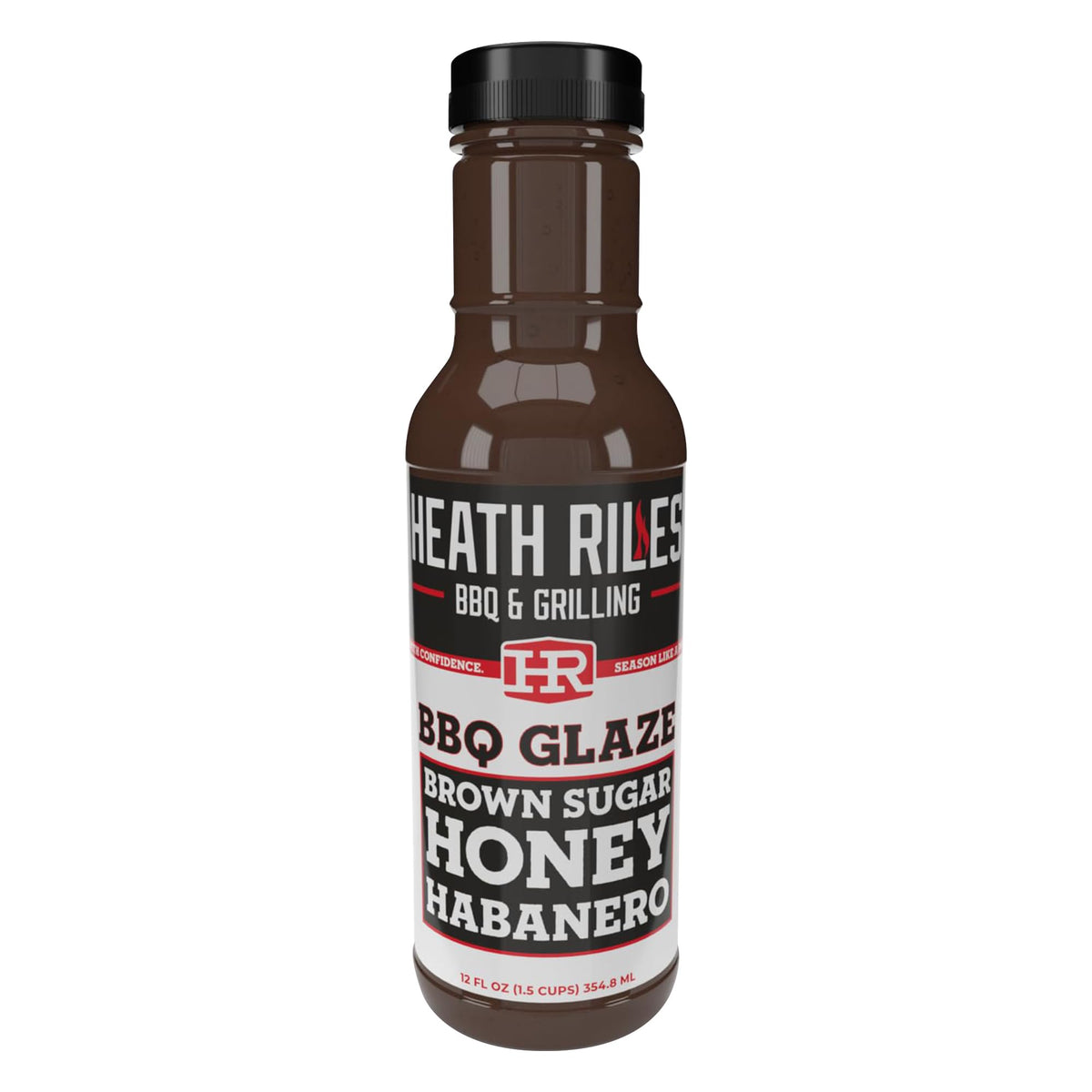 Heath Riles BBQ glaze bottle showing sweet heat balance for ribs and pork
