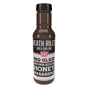Heath Riles BBQ glaze bottle showing sweet heat balance for ribs and pork