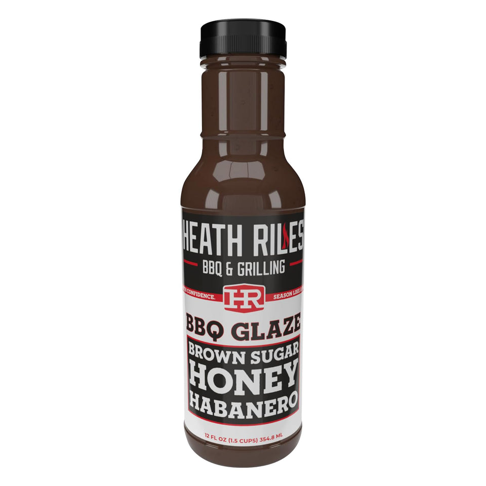 Heath Riles BBQ glaze bottle showing sweet heat balance for ribs and pork