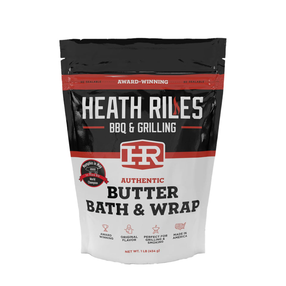 Heath Riles BBQ Butter Bath & Wrap bottle closeup showing rich butter flavor for ribs.