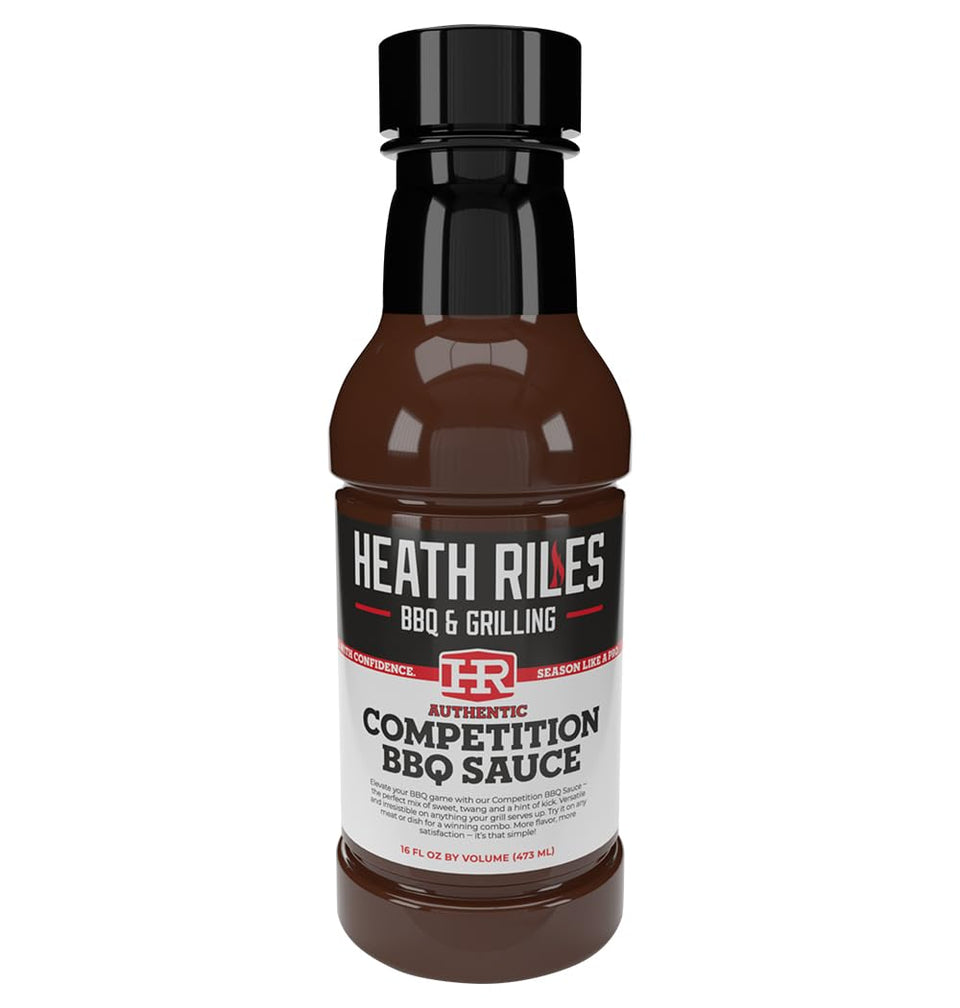 Heath Riles BBQ Competition Sauce bottle pouring over meat for glaze