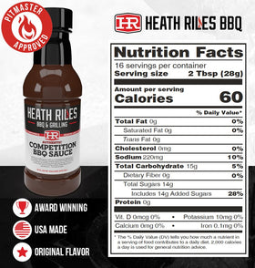 Close-up of Heath Riles BBQ Competition Sauce label showing brand