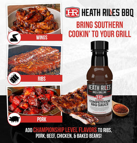 Heath Riles BBQ sauce glaze on pork ribs ready for serving