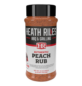 Heith Riles BBQ Peach Rub bottle highlights peach flavor for versatile meats.