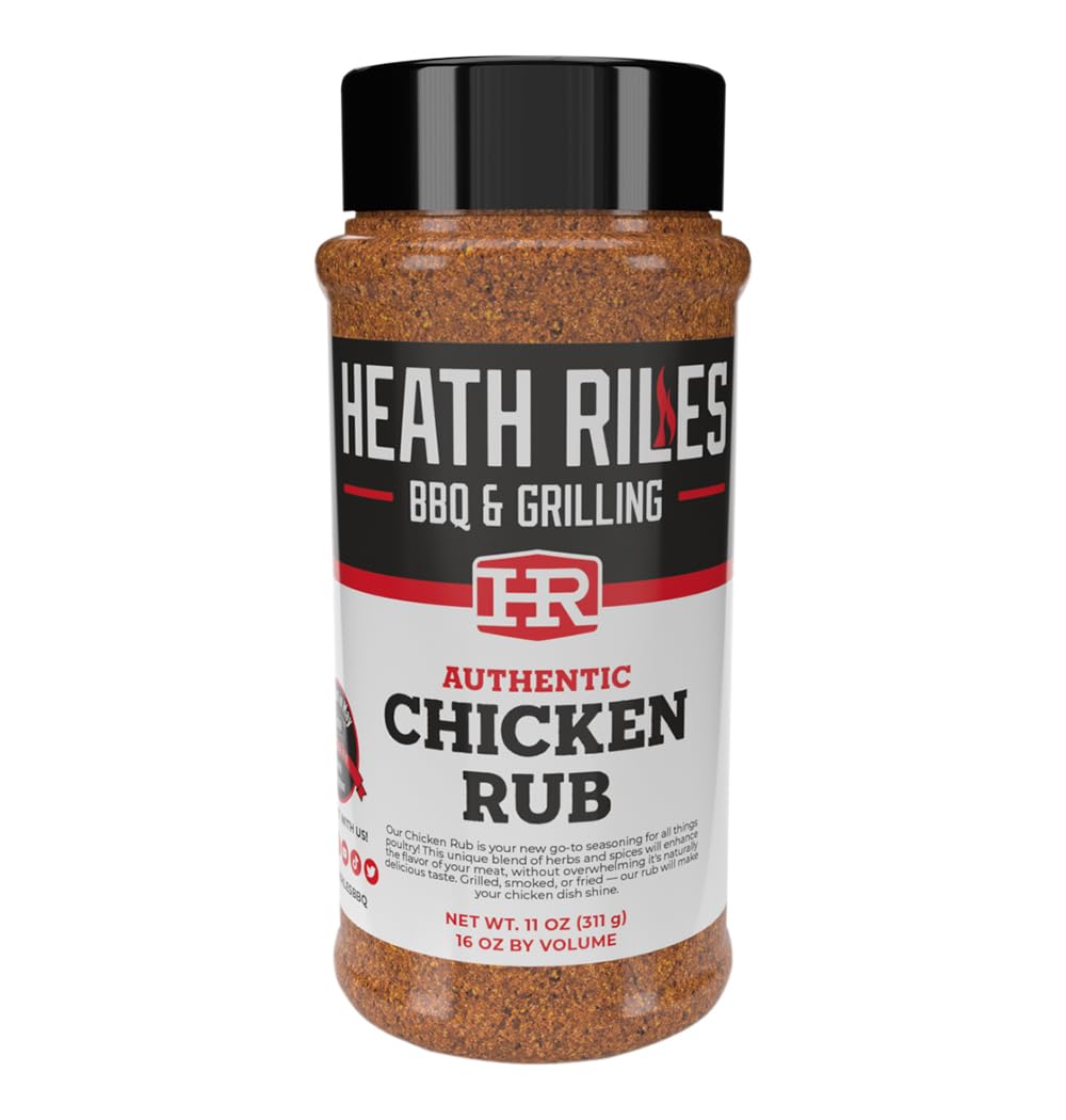 Heith Riles BBQ Chicken Rub bottle delivering bold poultry flavor for juicy results.