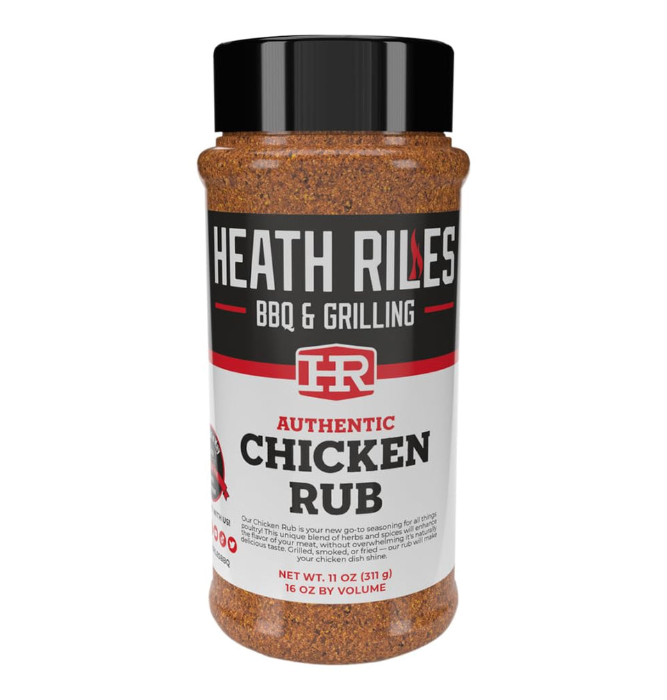 Heith Riles BBQ Chicken Rub bottle delivering bold poultry flavor for juicy results.