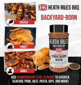 Heath Riles Chicken Rub on counter boosts barbecue chicken flavor.