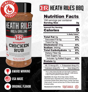 Heath Riles BBQ Chicken Rub shaker ready for pork and chicken seasoning.