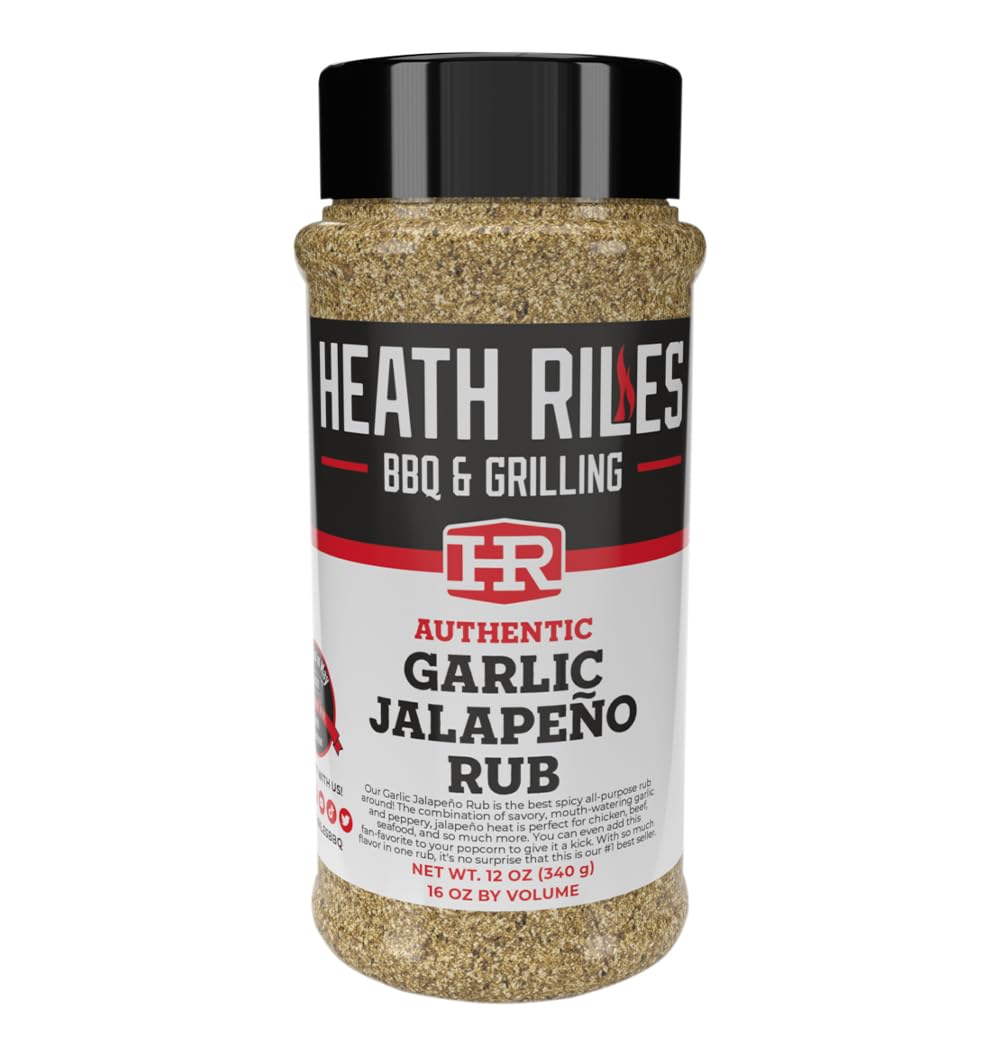 Hea th Riles Garlic Jalapeño BBQ Rub jar close-up boosts savory aroma.