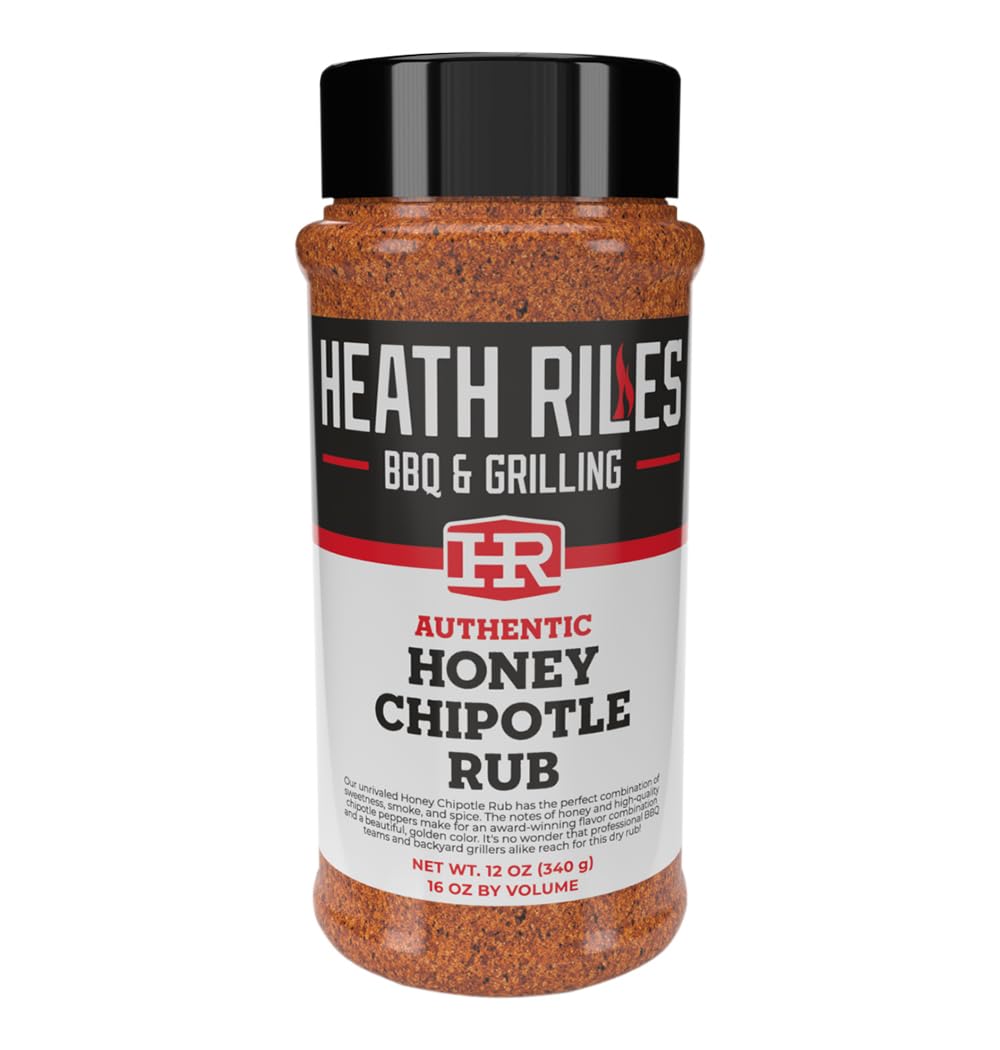 Heath Riles Honey Chipotle rub bottle pouring to season meat for bold flavor