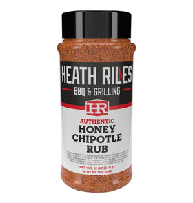 Heath Riles Honey Chipotle rub bottle pouring to season meat for bold flavor