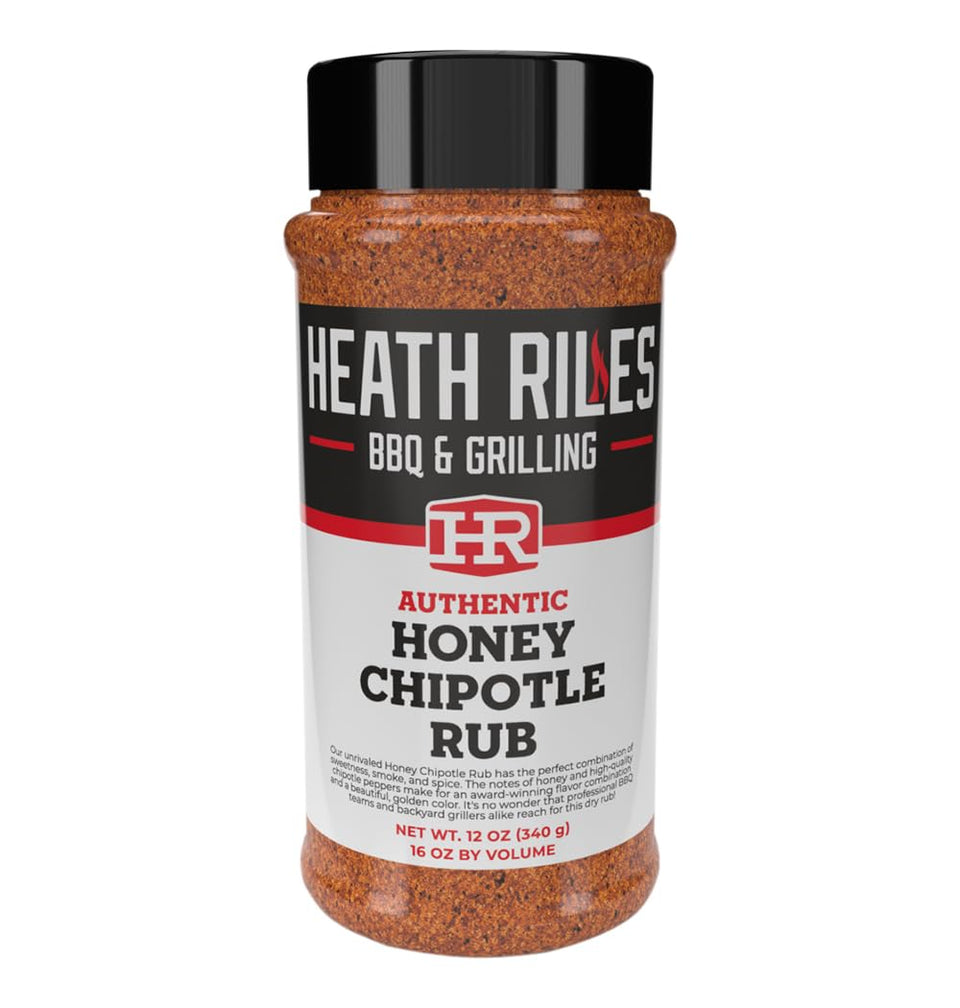 Heath Riles Honey Chipotle rub bottle pouring to season meat for bold flavor