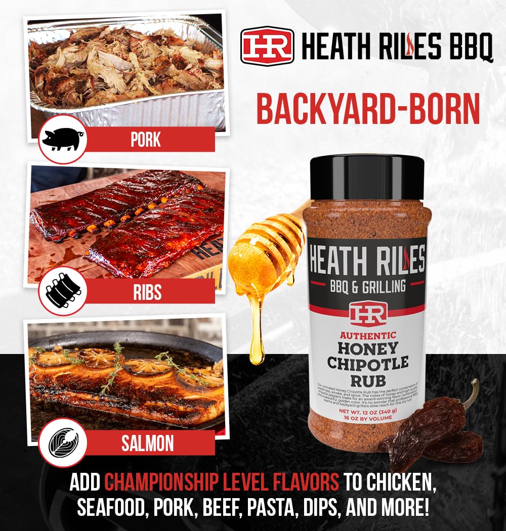 Heath Riles Honey Chipotle grill setup showcases spices for grilling