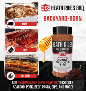 Heath Riles Honey Chipotle grill setup showcases spices for grilling