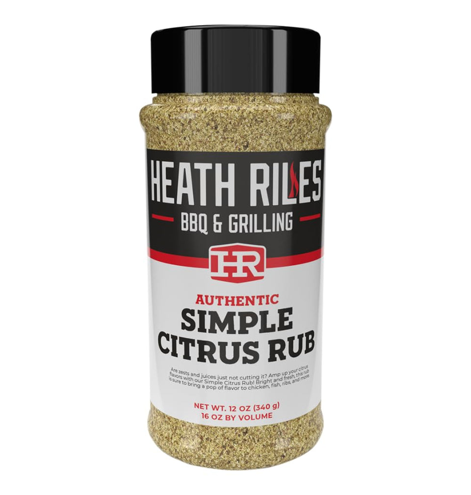 Heath Riles BBQ Rub jar shows simple citrus seasoning ready to enhance seafood and chicken.