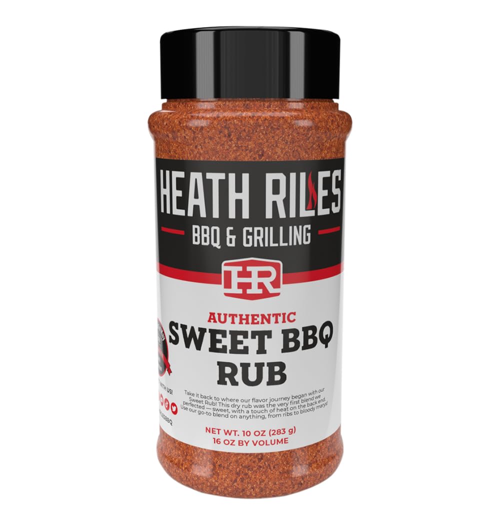 Heath Riles BBQ Rub front label highlights sweet seasoning for versatile backyard grilling