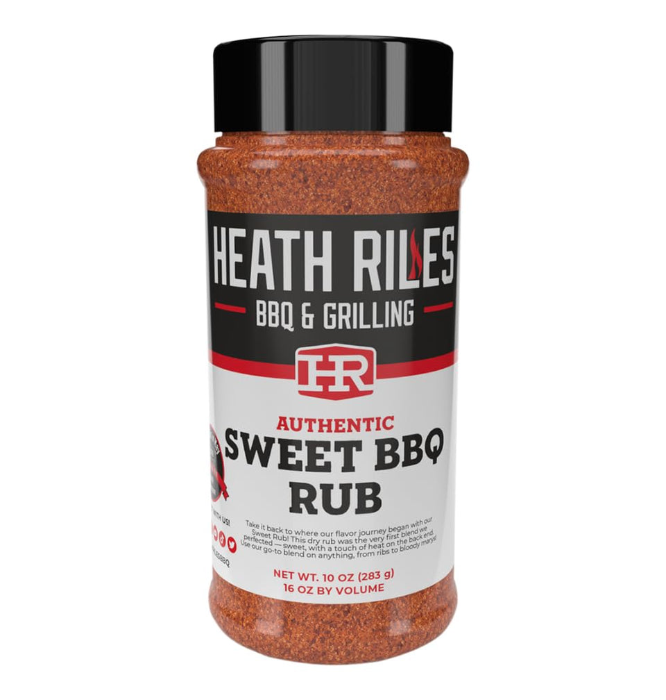 Heath Riles BBQ Rub front label highlights sweet seasoning for versatile backyard grilling