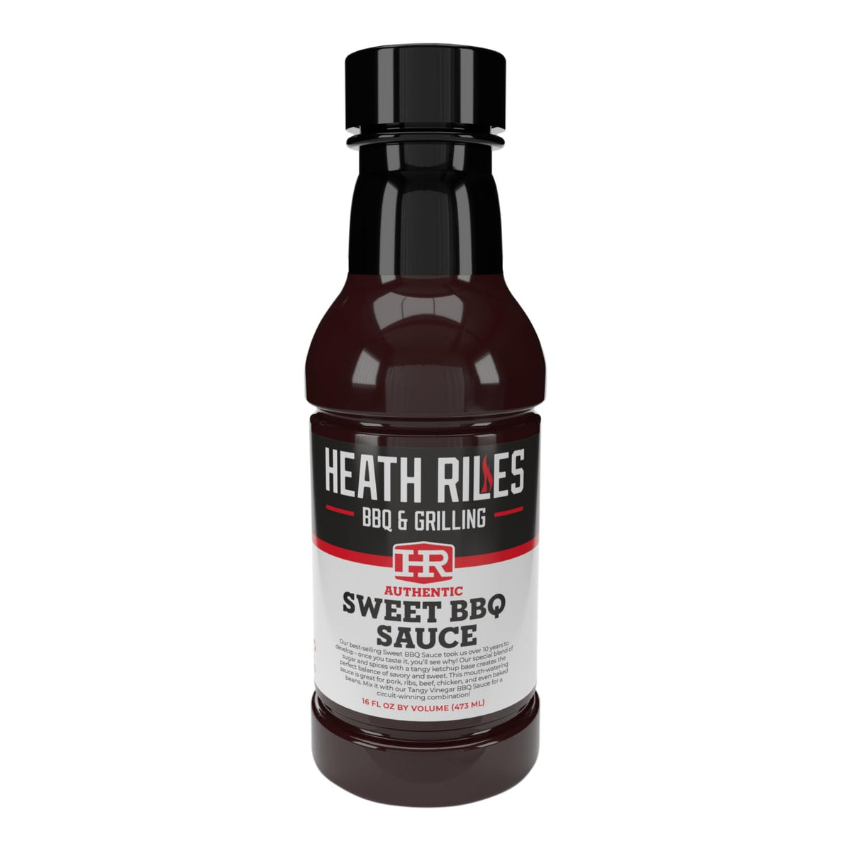 Heath Riles BBQ Sweet Barbecue Sauce bottle front for a glossy glaze on grilled meats.