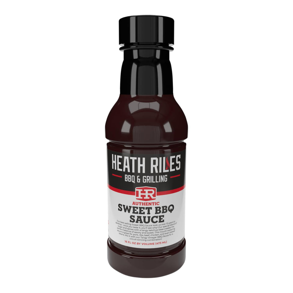 Heath Riles BBQ Sweet Barbecue Sauce bottle front for a glossy glaze on grilled meats.