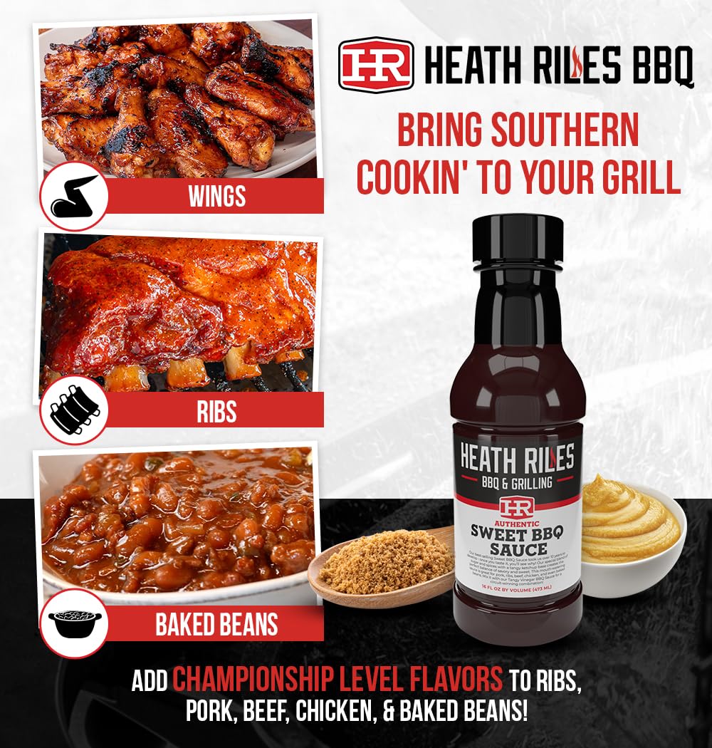 Heath Riles BBQ Sweet Barbecue Sauce being poured adds shine to chicken and beef.