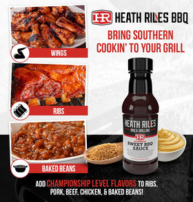 Heath Riles BBQ Sweet Barbecue Sauce being poured adds shine to chicken and beef.