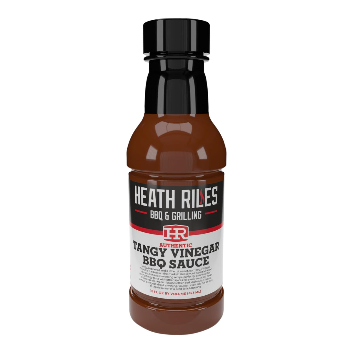Heath Riles BBQ Tangy Vinegar Sauce bottle boosts smoky flavor for grilling