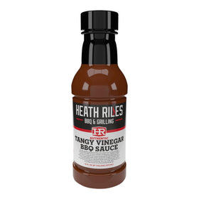 Heath Riles BBQ Tangy Vinegar Sauce bottle boosts smoky flavor for grilling