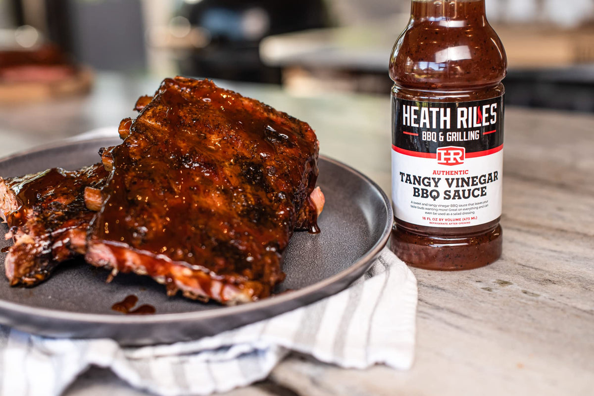 Heath Riles BBQ sauce bottle close-up highlights premium USA-made quality