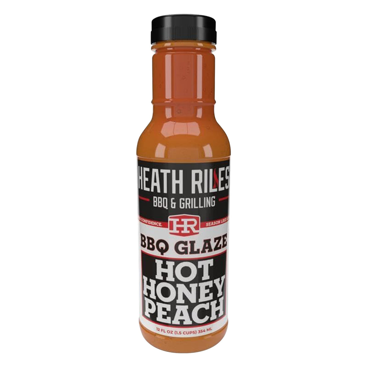 Heathy Riles Hot Honey Peach glaze bottle shot for glossy BBQ glaze