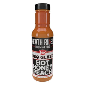 Heathy Riles Hot Honey Peach glaze bottle shot for glossy BBQ glaze
