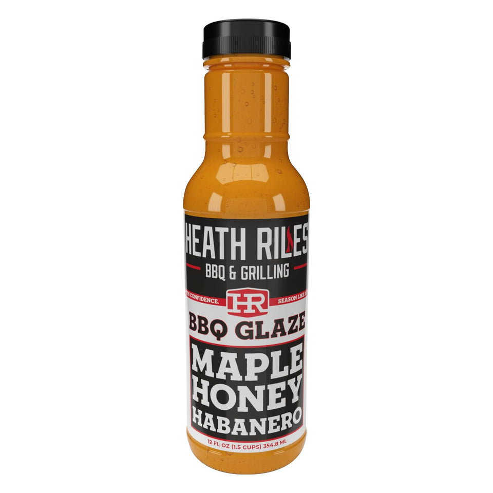 Heathy Riles Maple Honey Habanero glaze bottle pour adds rich maple heat to pork