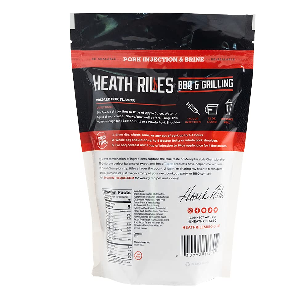 Heath Riles meat injector in use for evenly seasoned smoked pork