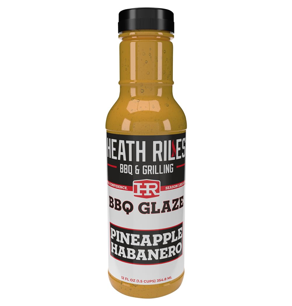 Heath Riles Pineapple Habanero Glaze bottle ready for grilling with bold tropical flavor