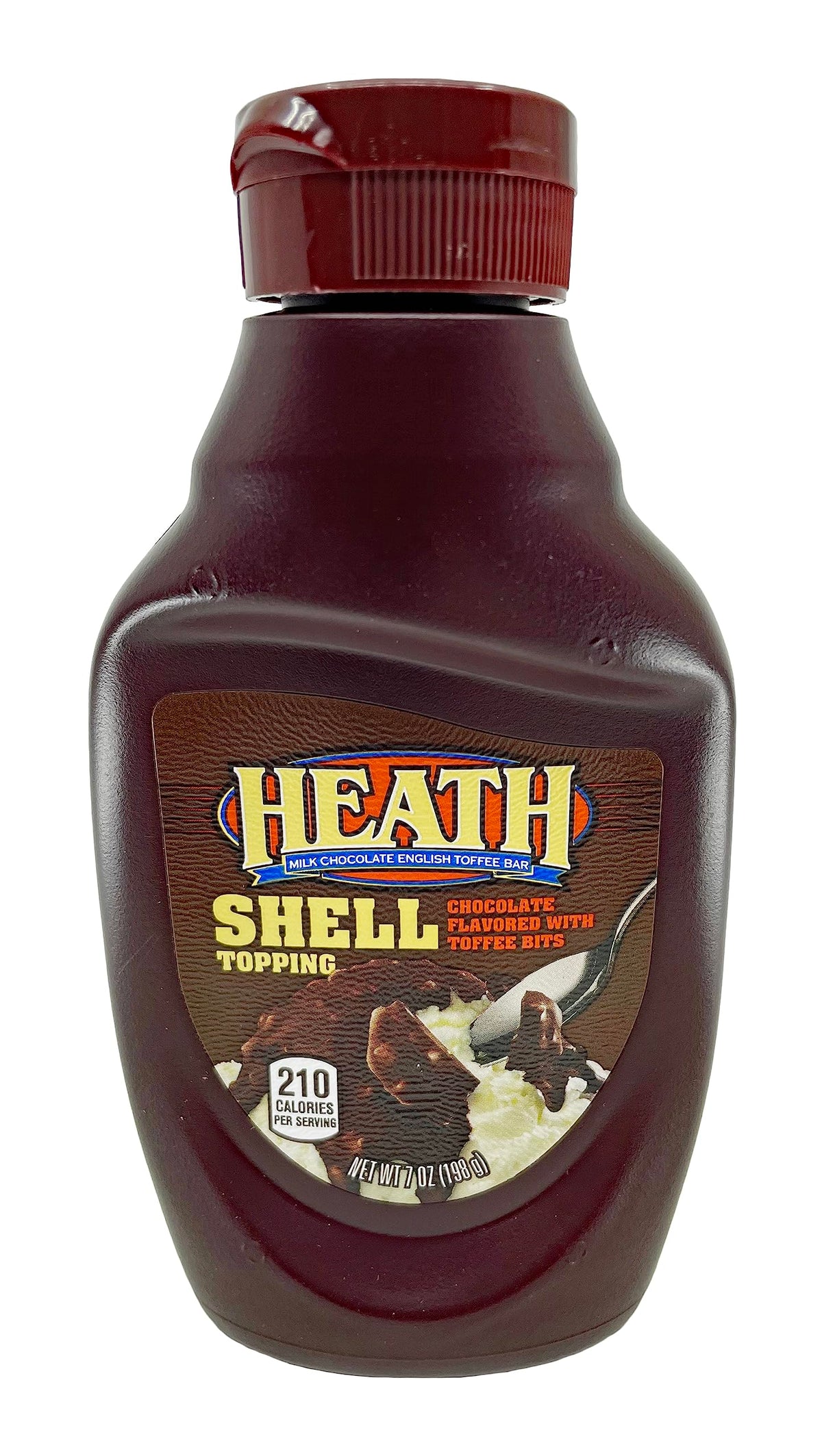 Close-up of Heath Shell Topping chocolate toffee on creamy ice cream