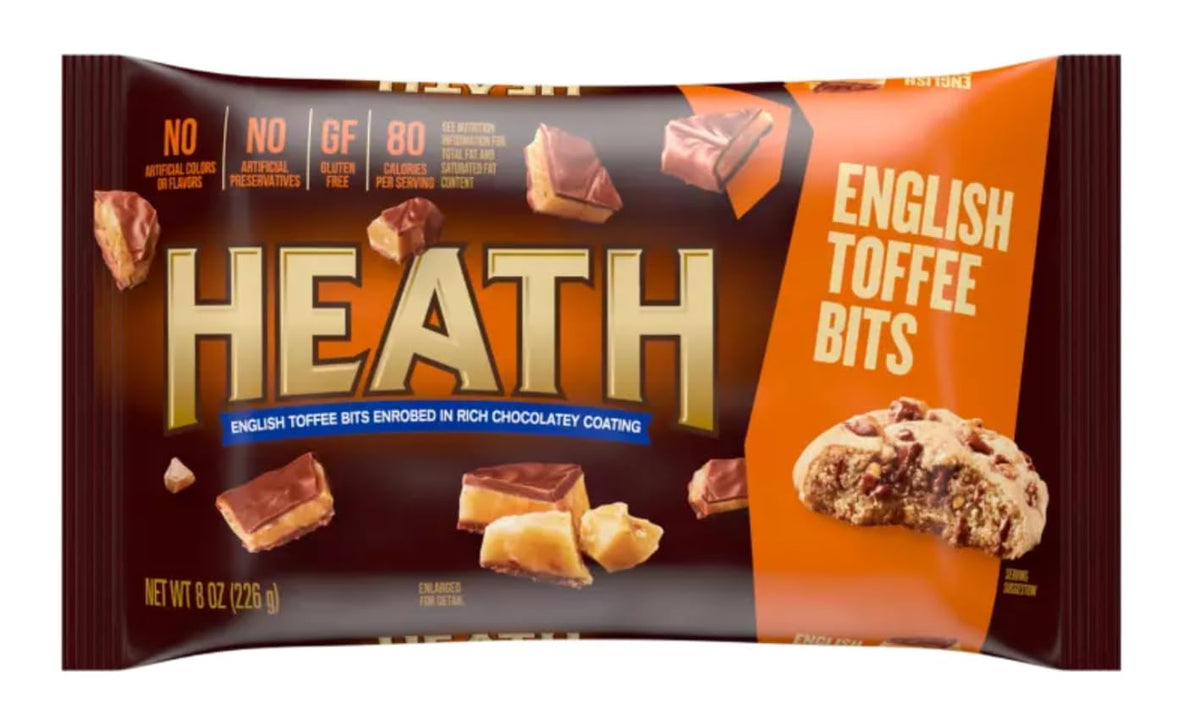Heath English Toffee Bits bag open with crunchy pieces, great for baking.