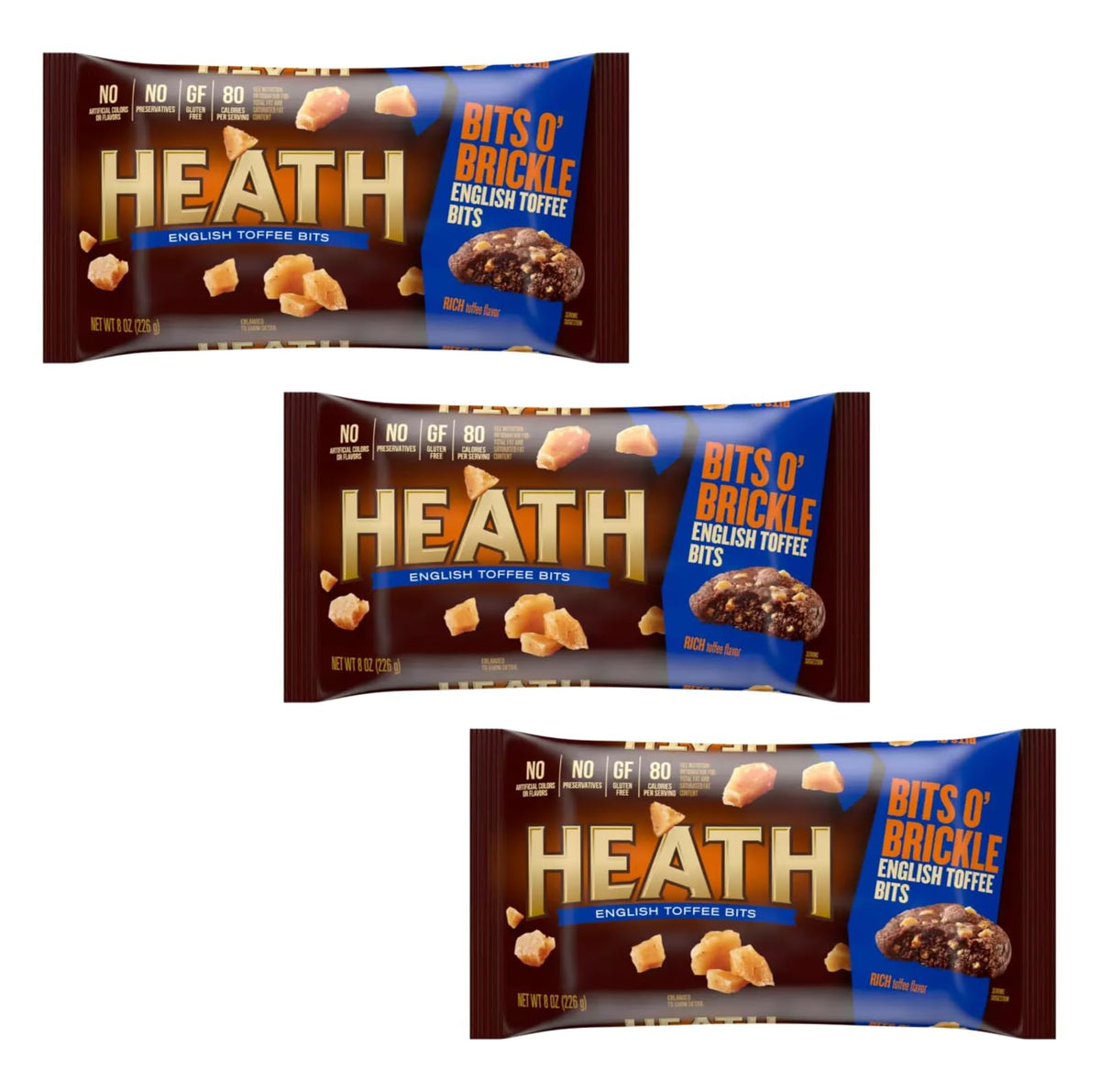 Heath English Toffee Bits Baking Chips 3-pack ready for baking and sharing.