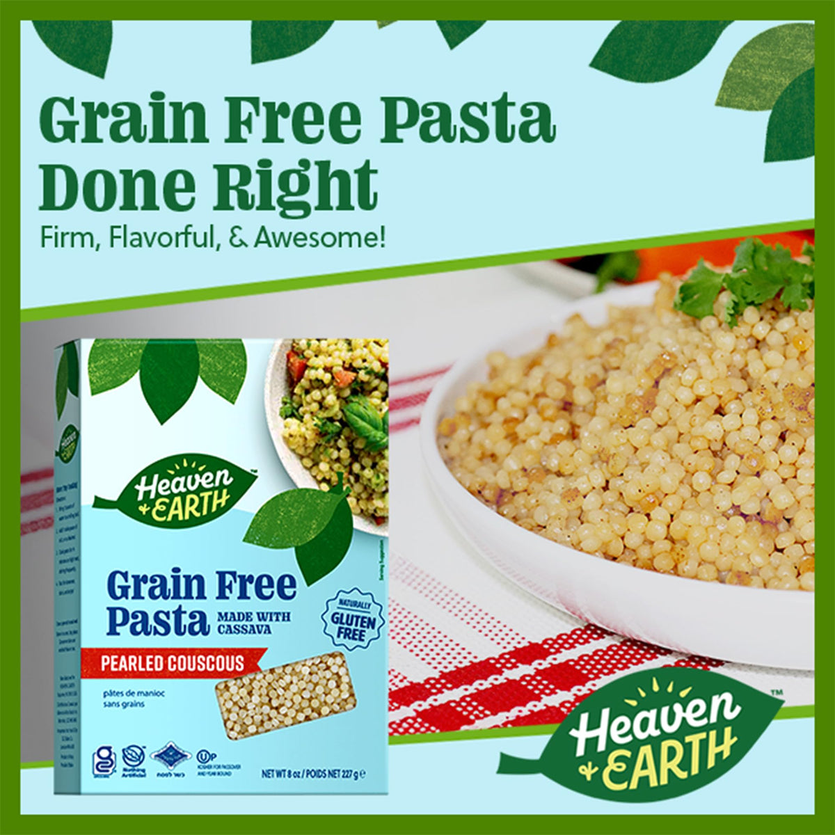 HEAVEN & EARTH grain-free pasta cooked plate highlighting firm texture.