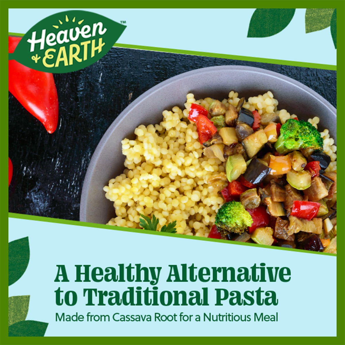 HEAVEN & EARTH pasta with marinara sauce on serving plate.
