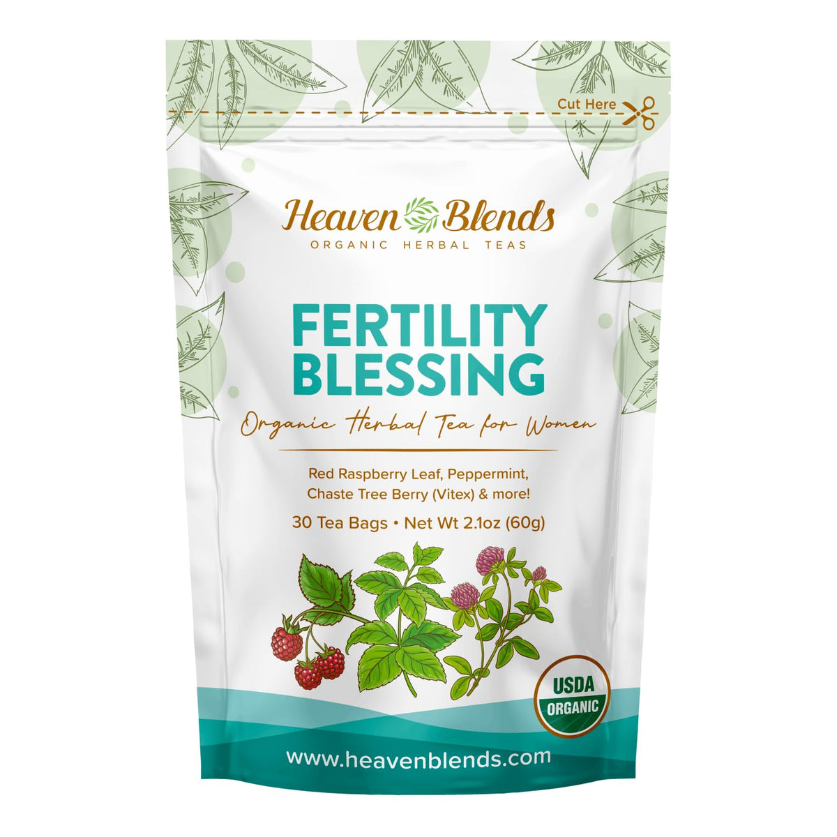 Heav en Blends Fertility Blessing Tea label showing USDA Organic seal and herbal blend.